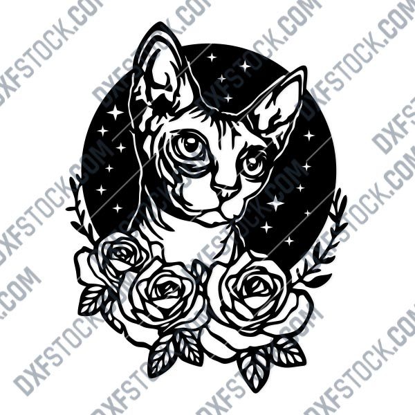 Cat with flowers and stars Design file - DXF SVG EPS AI CDR