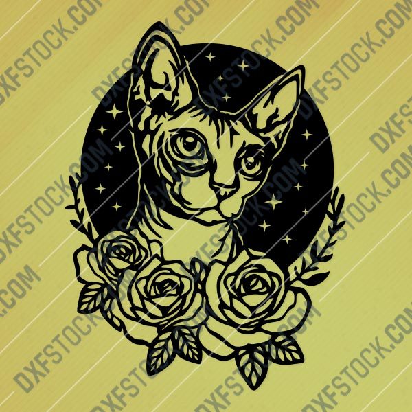 Cat with flowers and stars Design file - DXF SVG EPS AI CDR