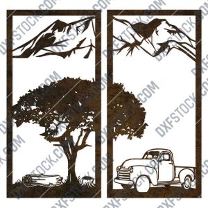 Tree with mountain decal and car vector design files - DXF SVG EPS AI CDR